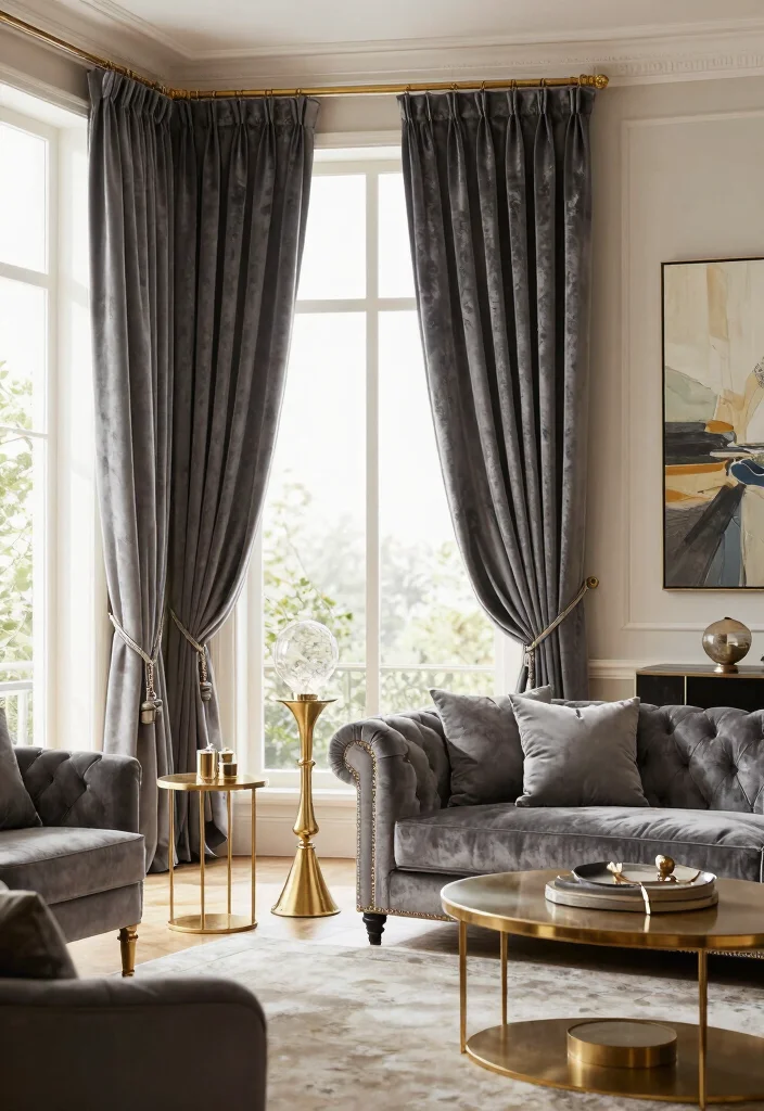 12 Grey Curtain Living Room Ideas for Soft Neutrals 6. Velvety Grey Curtains for a Luxurious Touch 0