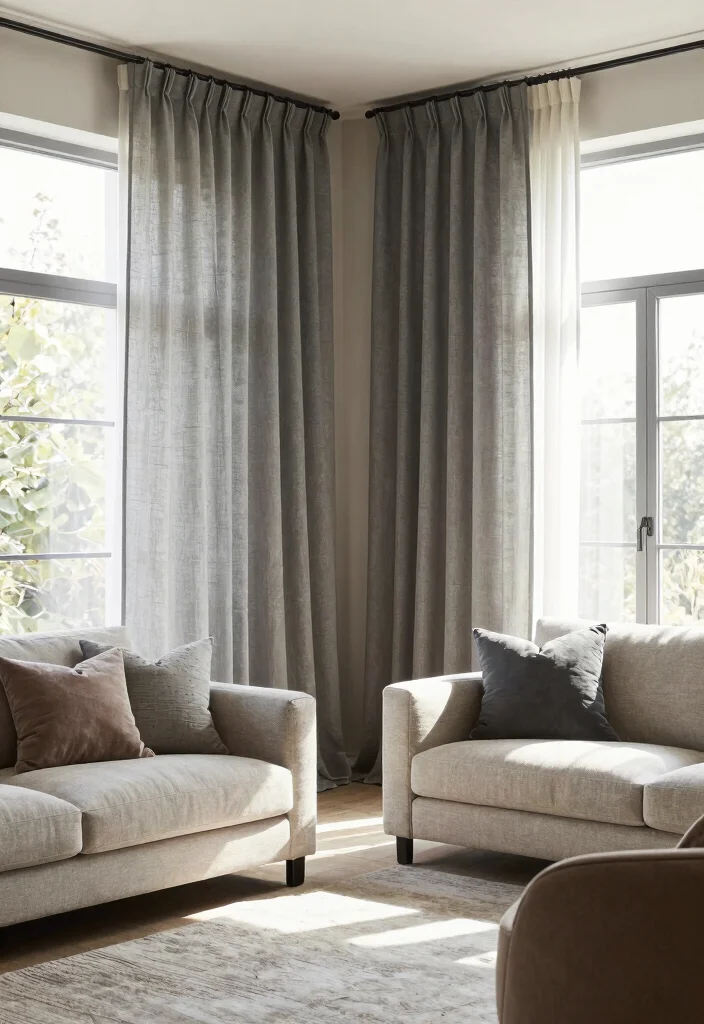 12 Grey Curtain Living Room Ideas for Soft Neutrals 9. Mixed Materials for a Unique Look 0