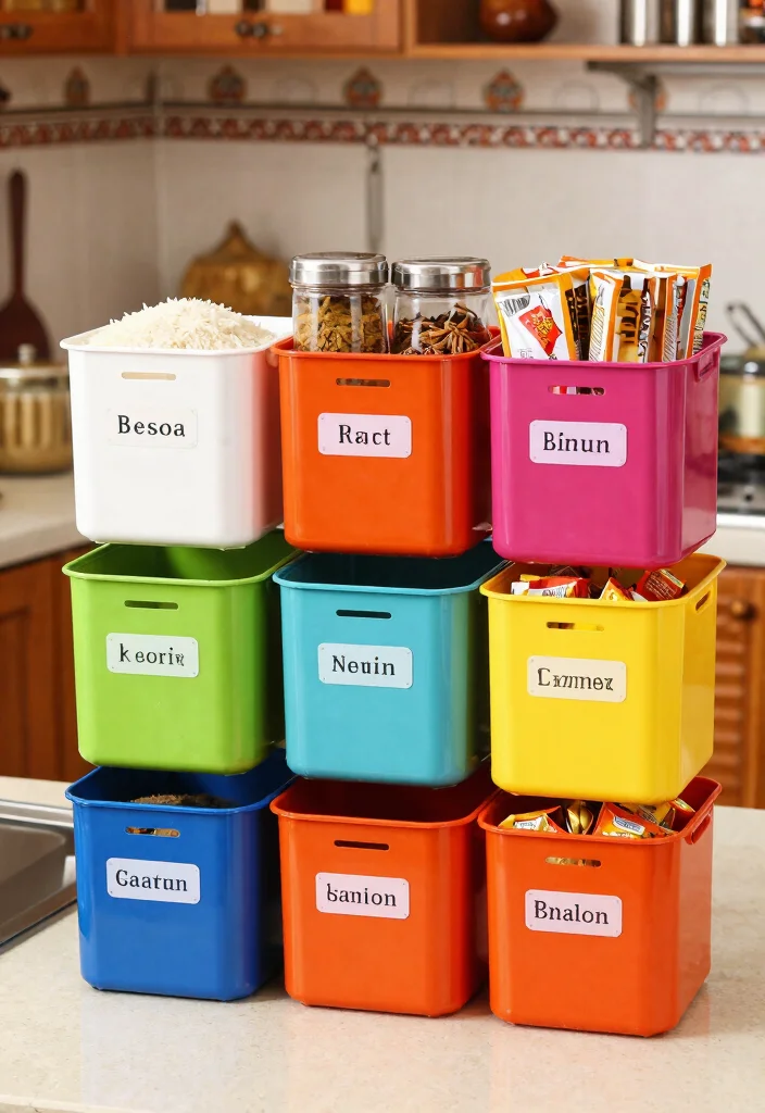 12 Indian Kitchen Store Room Ideas for Organized Storage 10. Color coded Storage Bins 0