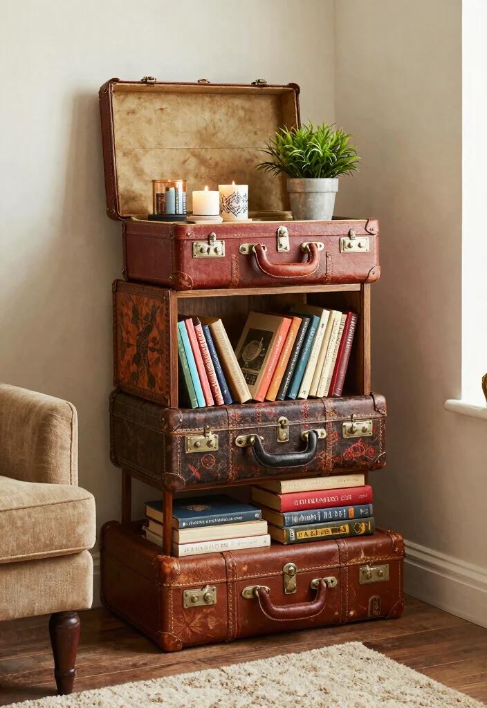 12 Living Room Bookshelf Ideas for Storage and Display 2. Vintage Suitcase Bookshelf 0