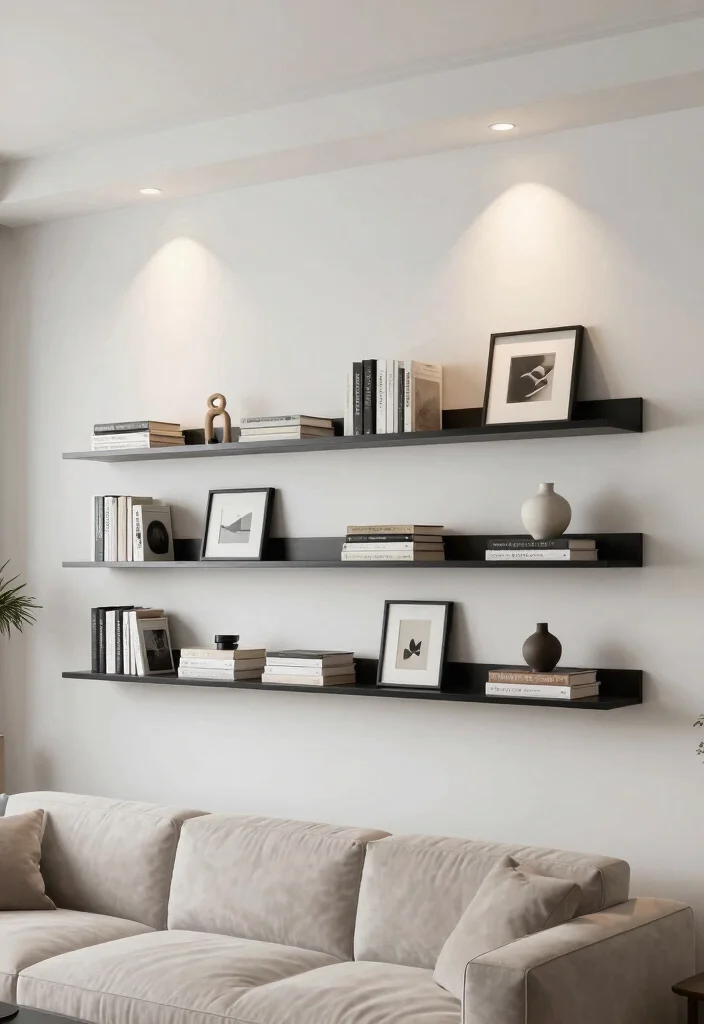 12 Living Room Bookshelf Ideas for Storage and Display 3. Floating Shelves with Decorative Art 0