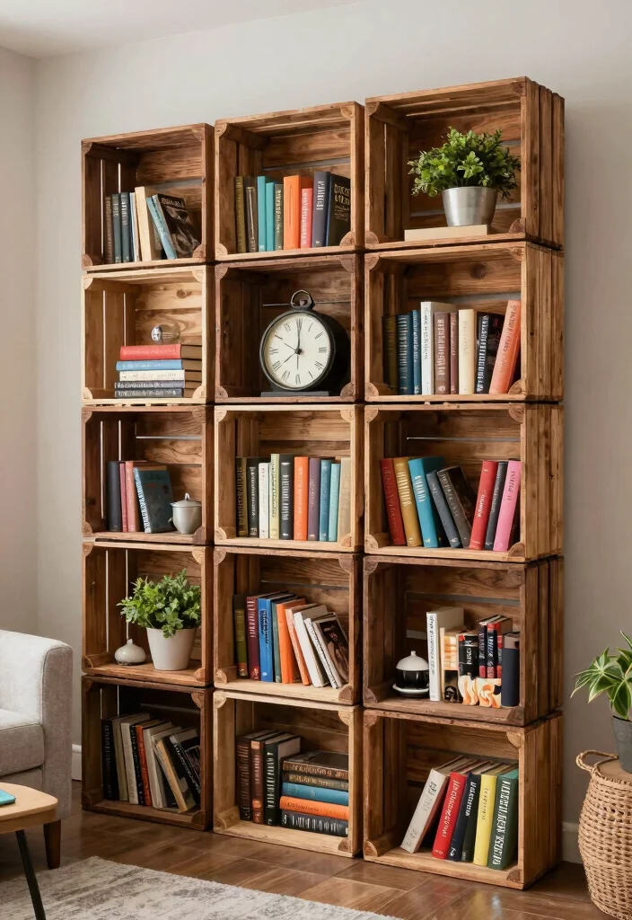 12 Living Room Bookshelf Ideas for Storage and Display 5. Repurposed Crates as Bookshelves 0