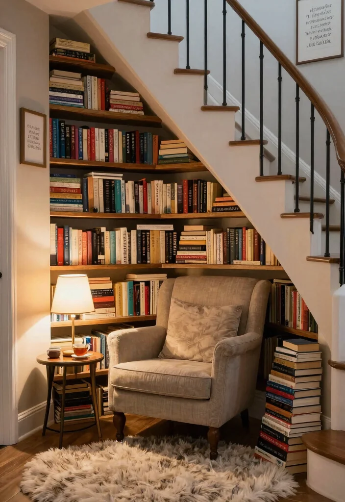12 Living Room Bookshelf Ideas for Storage and Display 6. Book Nook Under the Stairs 0