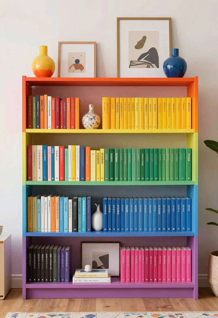 12 Living Room Bookshelf Ideas for Storage and Display 7. Color Coded Bookshelf 0