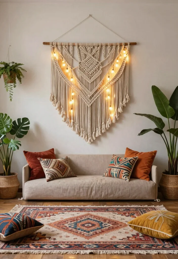 12 Living Room Wall Light Ideas for Soft Ambience 60 12 Living Room Wall Light Ideas for Soft Ambience 10. Boho Wall Hangings with Lights 0