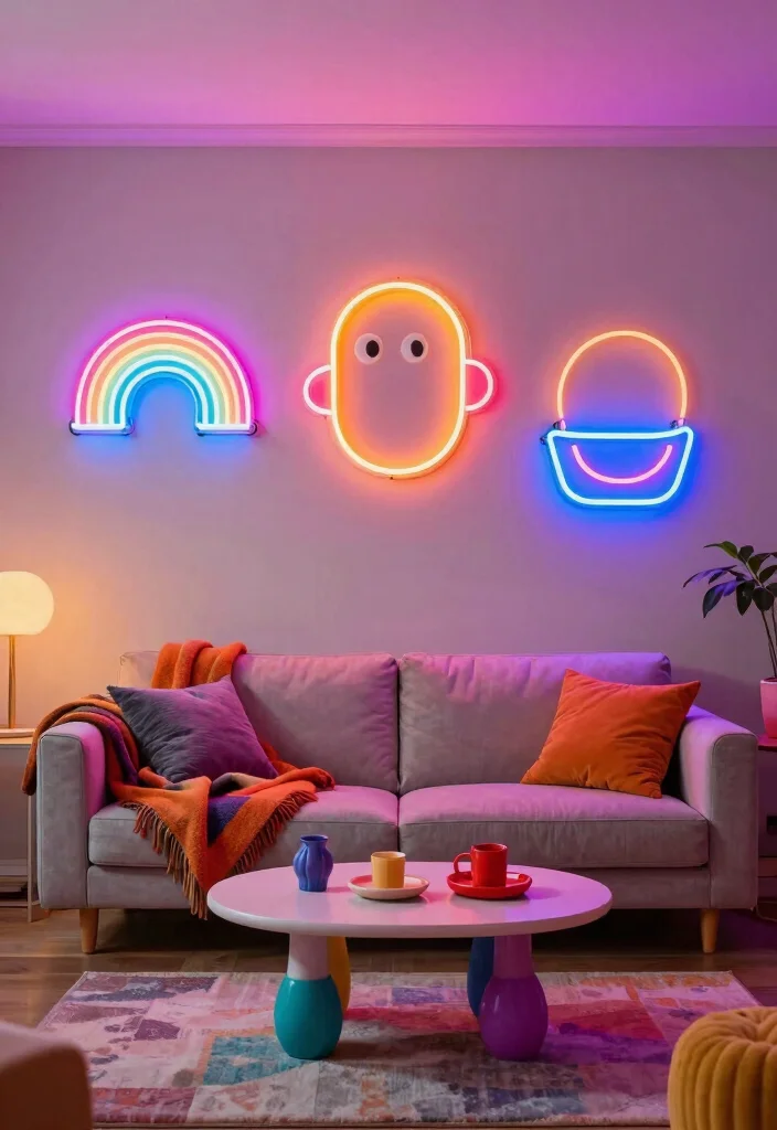 12 Living Room Wall Light Ideas for Soft Ambience 35 12 Living Room Wall Light Ideas for Soft Ambience 5. Retro Neon Wall Lights 0
