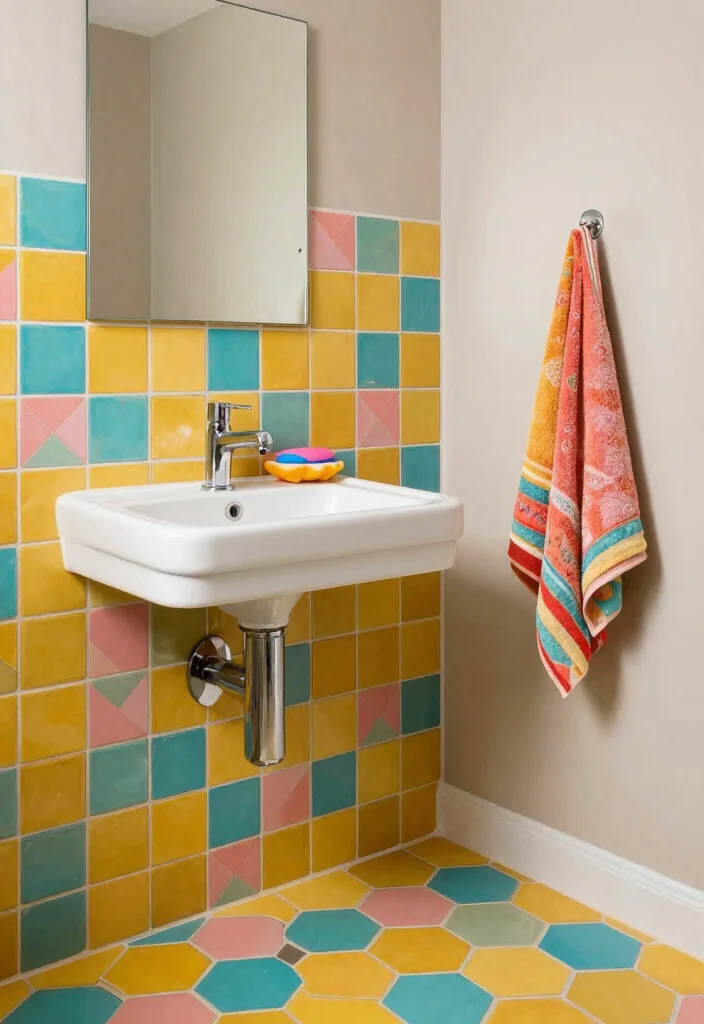 12 MCM Bathroom Ideas with Retro Modern Charm 1. Colorful Tiles for a Bold Statement 0