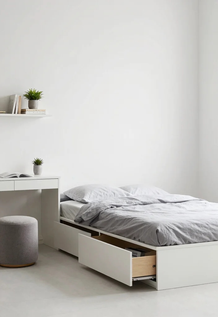 12 Minimalistic Bedroom Ideas for a Calm Clean Look 3. Multi Functional Furniture 0
