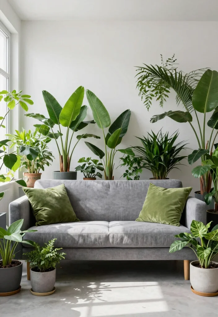12 Modern Grey Couch Living Room Ideas That Feel Sleek 9. Greenery Galore 0