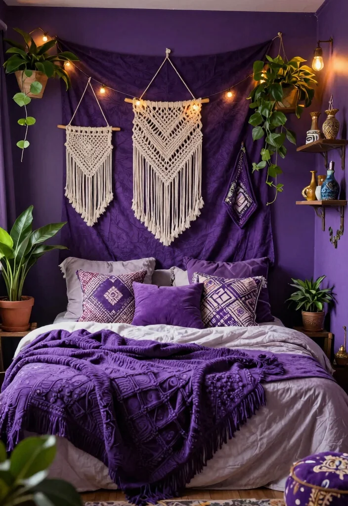 12 Purple Bedroom Ideas for Creative Personal Style 3. Bohemian Oasis 0