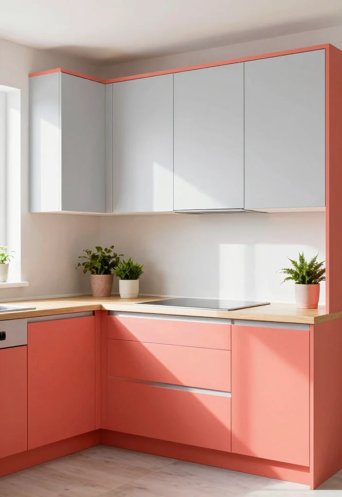 12 Two Tone Kitchen Cabinet Color Ideas That Work 12. Coral and Light Gray 0