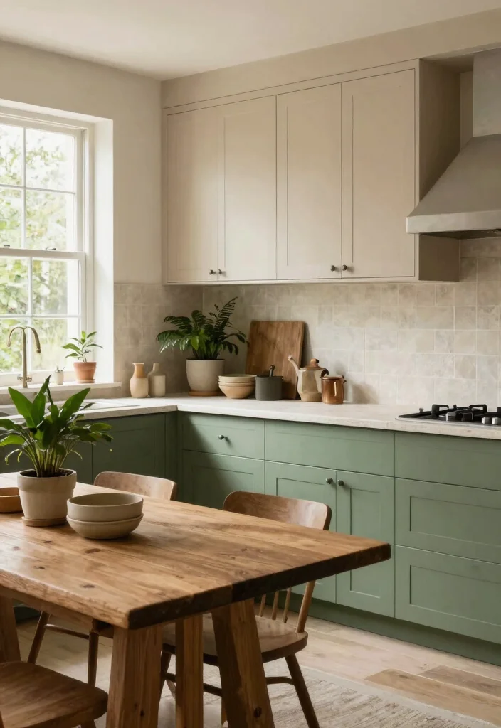 12 Two Tone Kitchen Cabinet Color Ideas That Work 4. Earthy Green and Soft Beige 0