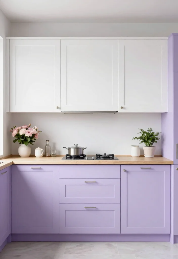 12 Two Tone Kitchen Cabinet Color Ideas That Work 7. Muted Lavender and Soft White 0