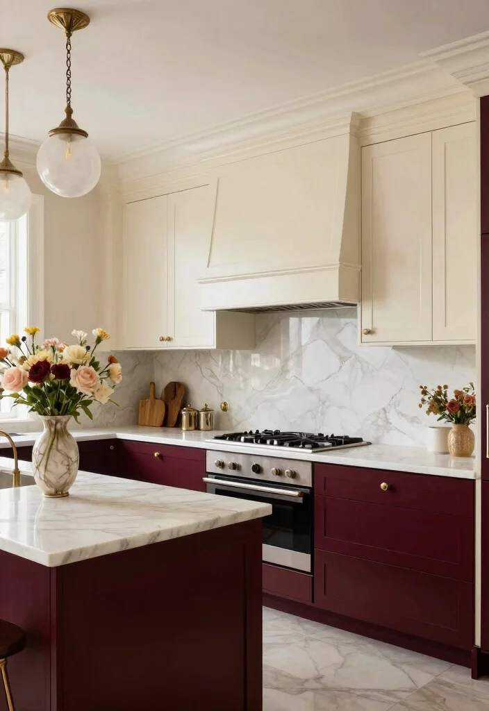 12 Two Tone Kitchen Cabinet Color Ideas That Work 8. Rich Burgundy and Cream 0