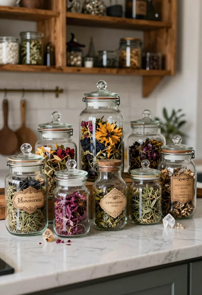12 Witchy Kitchen Ideas with Dark Moody Vibes 12 12 Witchy Kitchen Ideas with Dark Moody Vibes 2. Vintage Apothecary Jars 0