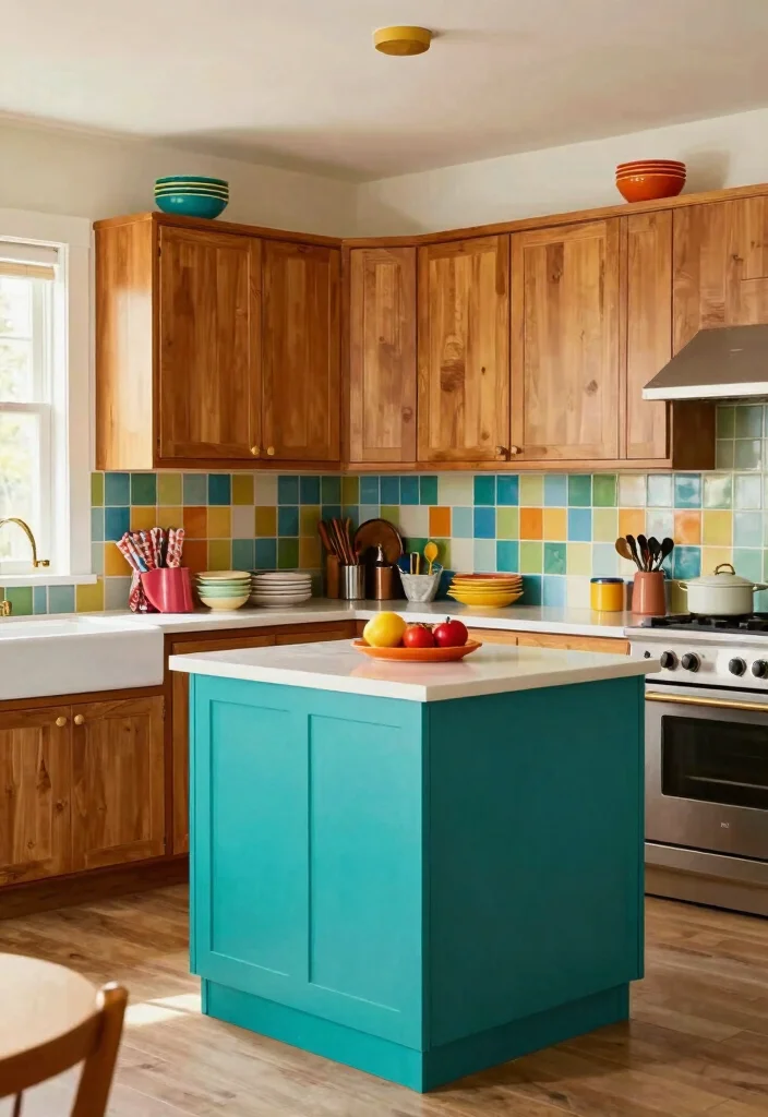 12 Wood Cabinet Kitchen Ideas with Warm Texture 10. Colorful Accents with Wood 0