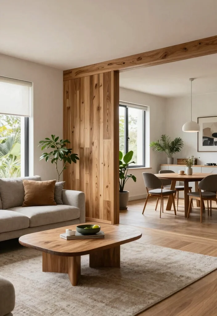 12 Wood Living Room Ideas with Natural Texture 11. Define Spaces with Wood 0