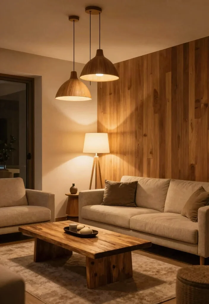 12 Wood Living Room Ideas with Natural Texture 12. Focus on Lighting 0