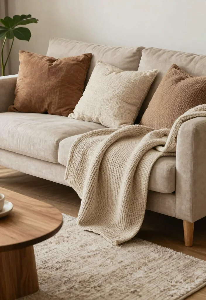 12 Wood Living Room Ideas with Natural Texture 3. Layer Textures with Soft Elements 0