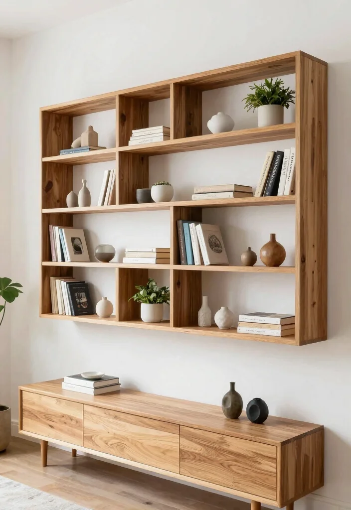 12 Wood Living Room Ideas with Natural Texture 6. Utilize Open Shelving 0