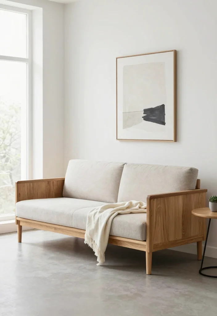 12 Wooden Sofa Living Room Ideas with Natural Warmth 1. Embrace Minimalism with a Simple Oak Sofa 0