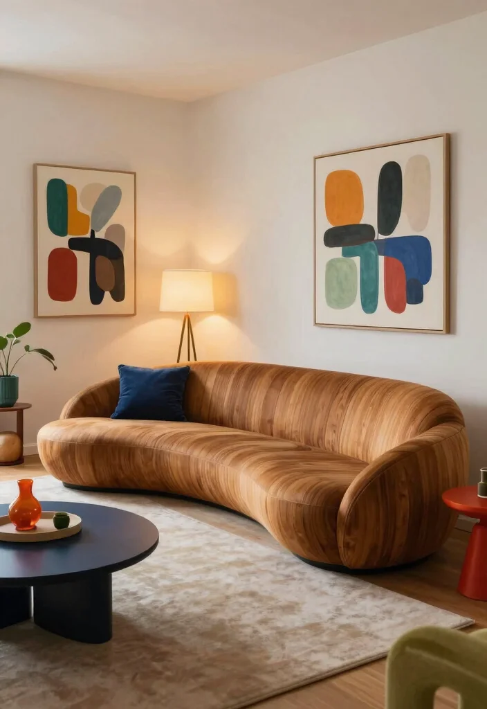 12 Wooden Sofa Living Room Ideas with Natural Warmth 11. Artistic Flair with Curved Wooden Sofas 0