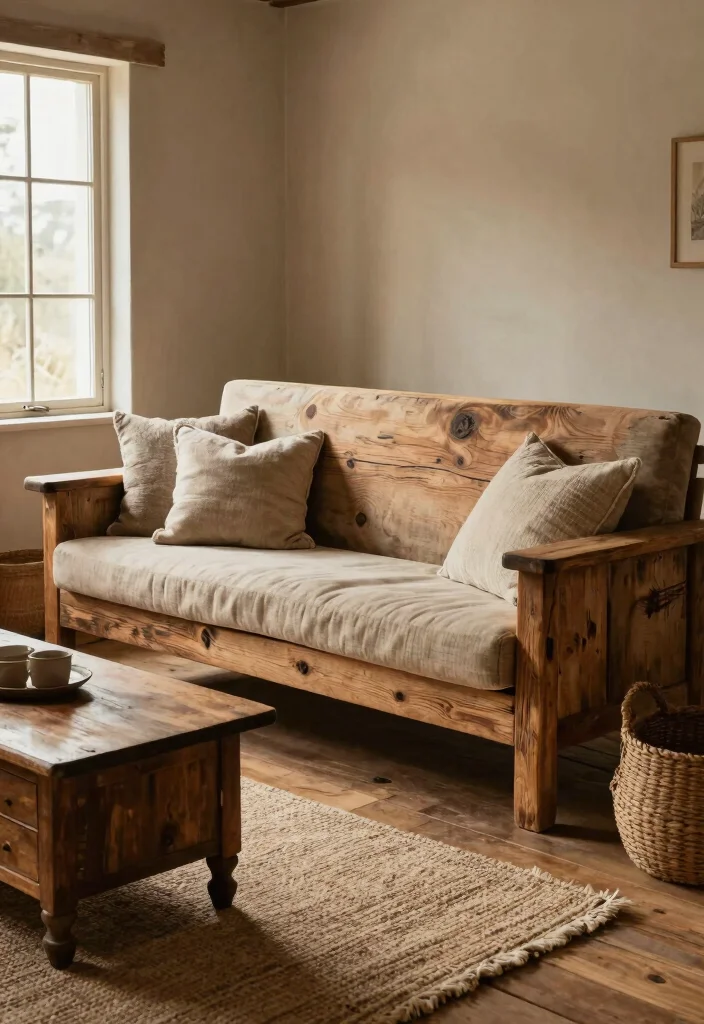 12 Wooden Sofa Living Room Ideas with Natural Warmth 2. Rustic Charm with a Reclaimed Wood Sofa 0