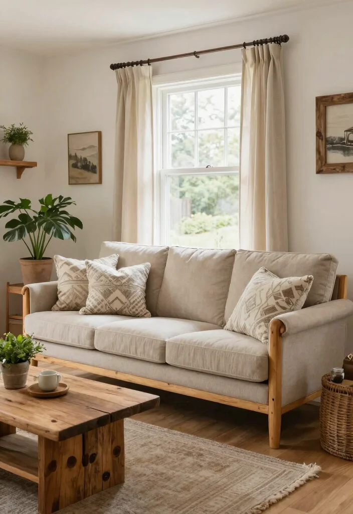 12 Wooden Sofa Living Room Ideas with Natural Warmth 5. Cozy Cottage Vibes with a Soft Pine Sofa 0
