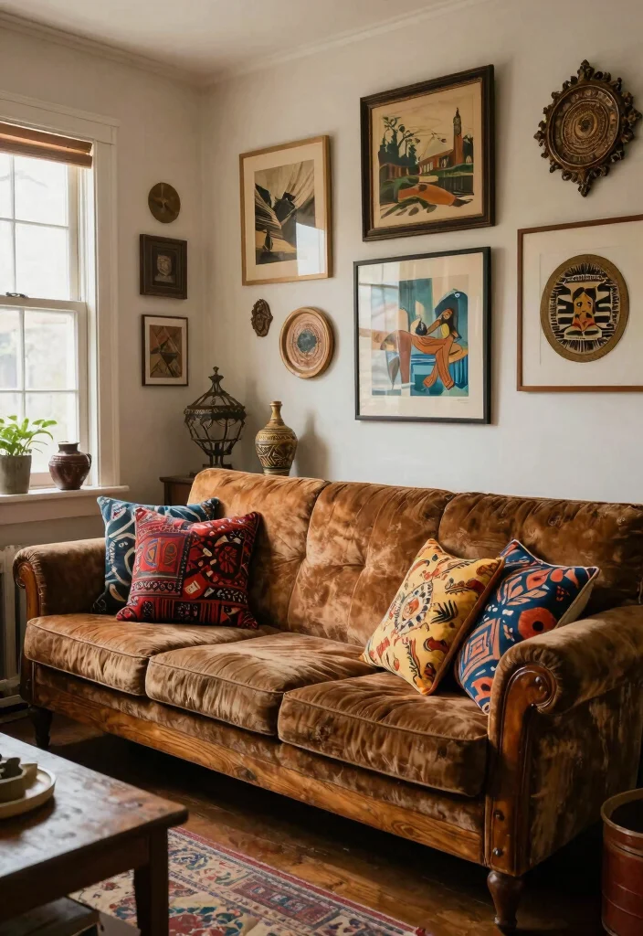 12 Wooden Sofa Living Room Ideas with Natural Warmth 6. Eclectic Design with Vintage Wooden Sofas 0