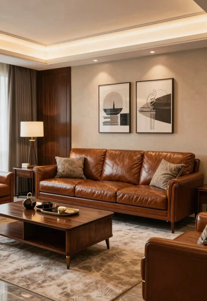 12 Wooden Sofa Living Room Ideas with Natural Warmth 7. Luxurious Leather Backed Wooden Sofas 0