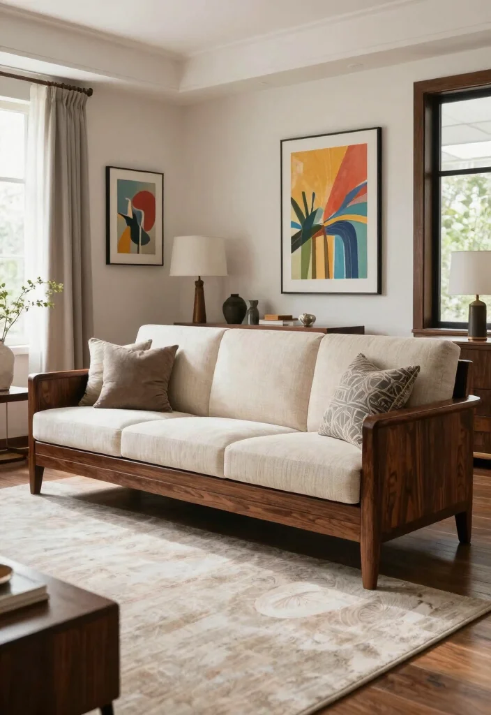 12 Wooden Sofa Living Room Ideas with Natural Warmth 8. Create Contrast with Dark Wood Sofas 0