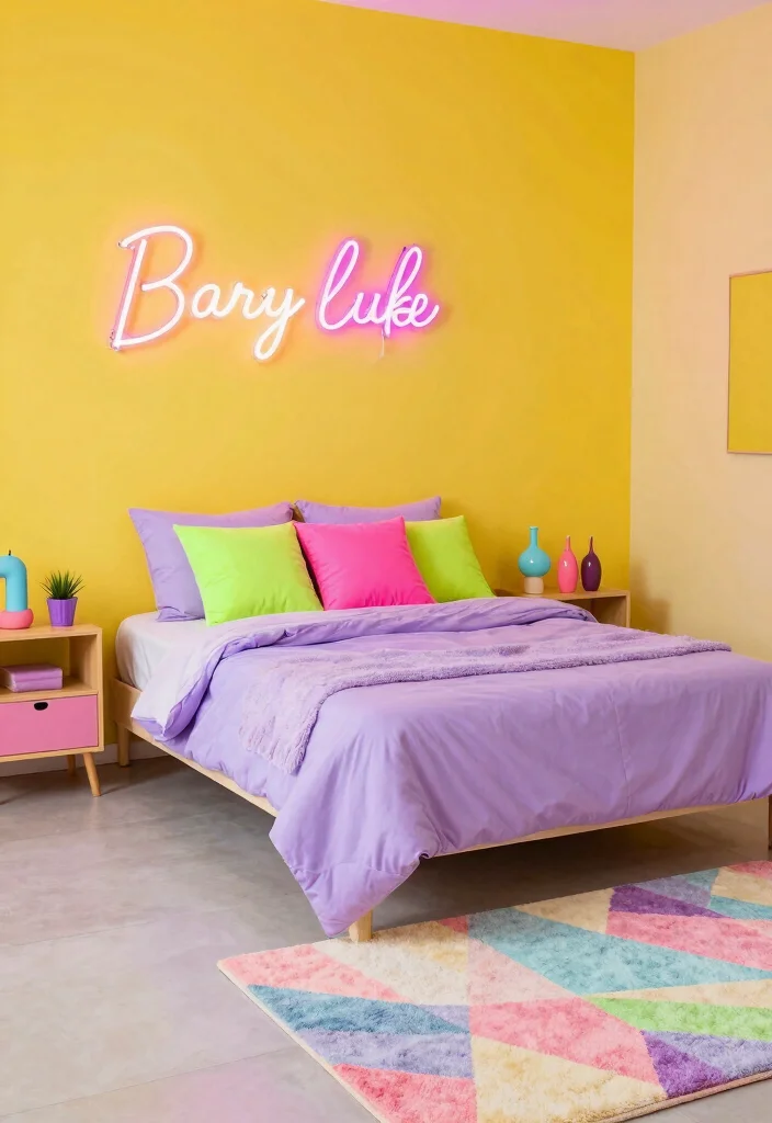 12 Y2K Bedroom Ideas with Fun Retro Energy 1. Neon and Pastels A Colorful Collision 0