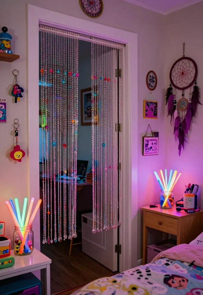 12 Y2K Bedroom Ideas with Fun Retro Energy 4. Accessories Galore From Beaded Curtains to Glow Sticks 0