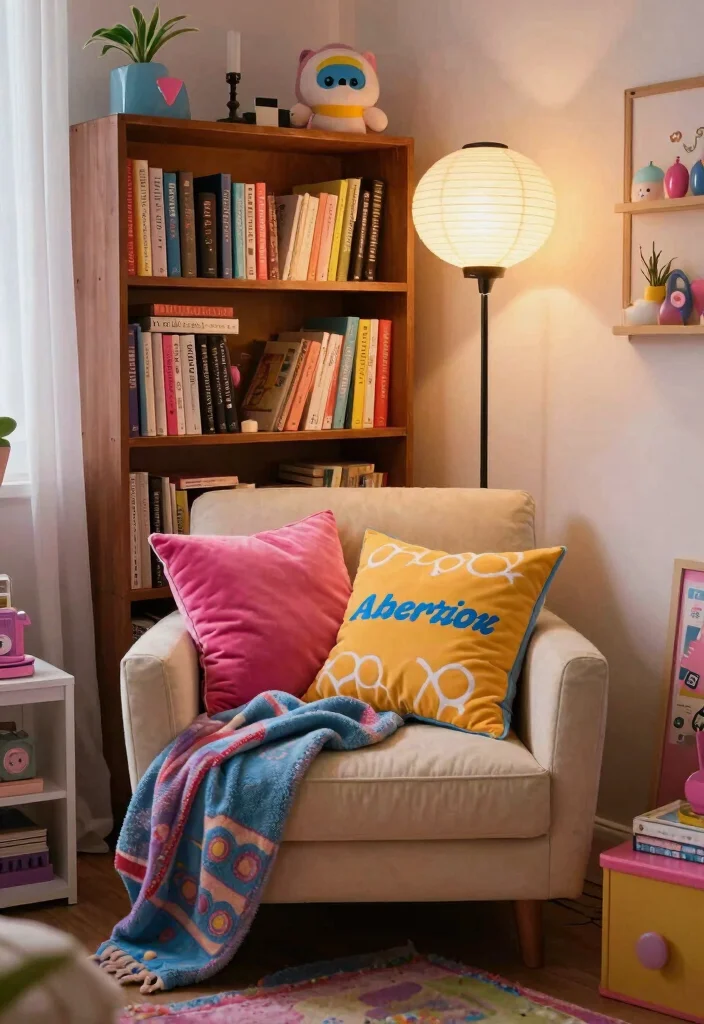 12 Y2K Bedroom Ideas with Fun Retro Energy 8. Cozy Reading Nook with Vintage Books 0