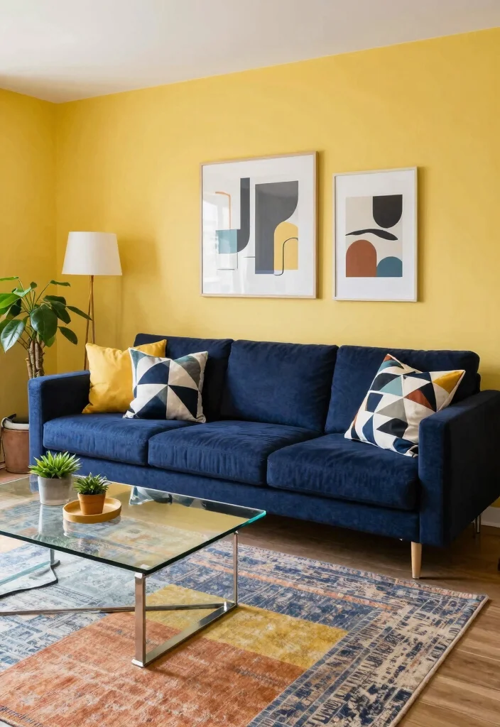 12 Yellow Wall Living Room Ideas for a Bright Look 1. Bold Statement with Geometric Patterns 0