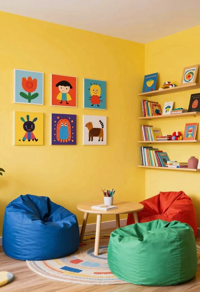 12 Yellow Wall Living Room Ideas for a Bright Look 11. Playful Kids Corner with Yellow Walls 0