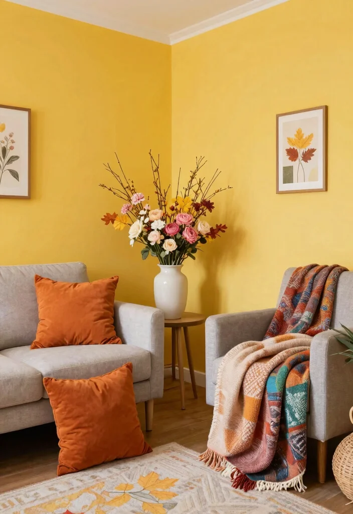 12 Yellow Wall Living Room Ideas for a Bright Look 12. Seasonal Decor for Year Round Appeal 0