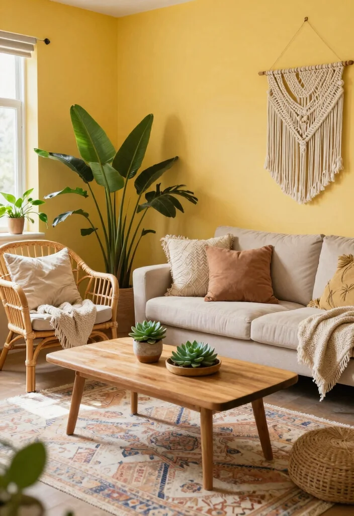 12 Yellow Wall Living Room Ideas for a Bright Look 2. Boho Chic with Natural Elements 0