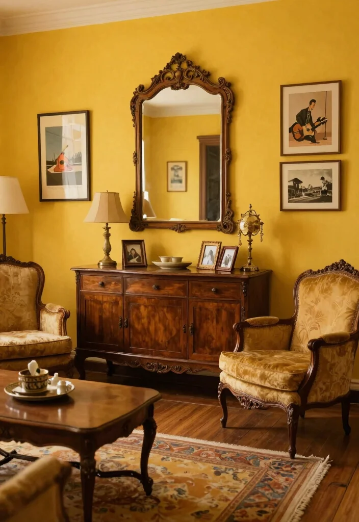 12 Yellow Wall Living Room Ideas for a Bright Look 3. Vintage Vibes with Antique Accents 0