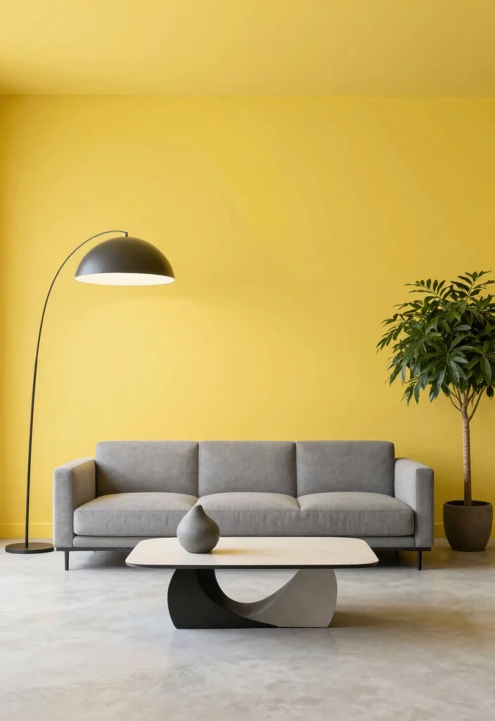 12 Yellow Wall Living Room Ideas for a Bright Look 4. Modern Minimalism with a Twist 0