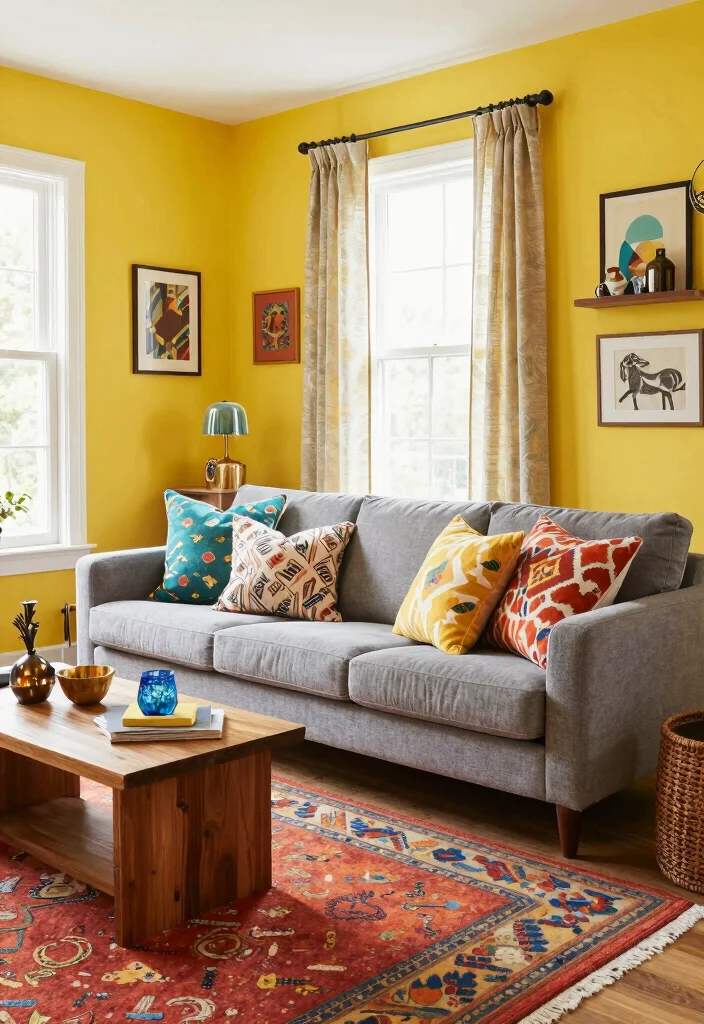 12 Yellow Wall Living Room Ideas for a Bright Look 5. Eclectic Mix of Textures and Patterns 0