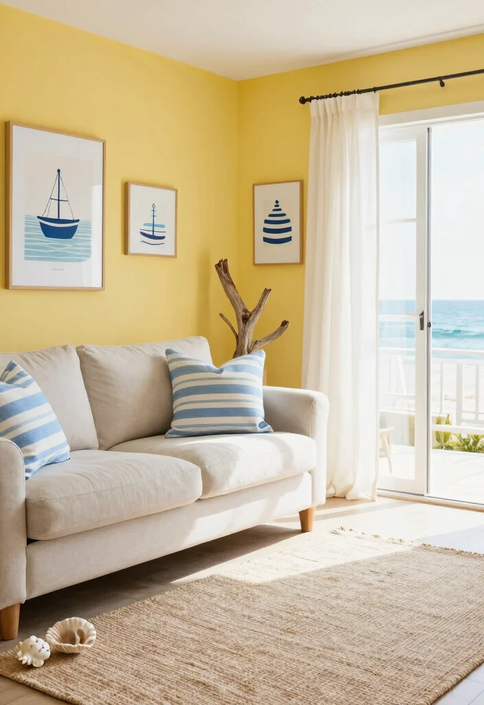 12 Yellow Wall Living Room Ideas for a Bright Look 8. Coastal Vibes with Nautical Touches 0