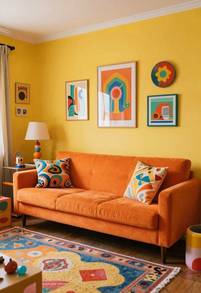 12 Yellow Wall Living Room Ideas for a Bright Look 9. Retro Pop with Colorful Accents 0