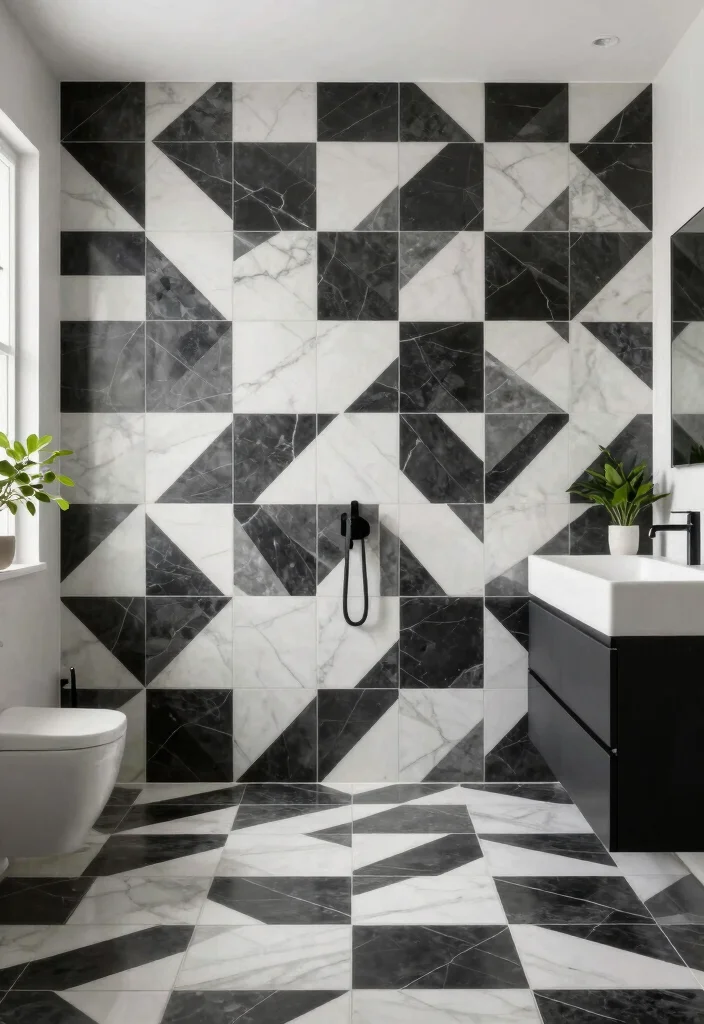 14 Bathroom Mosaic Tile Ideas with Texture and Visual Interest 7. Geometric Patterned Slab Tiles 0