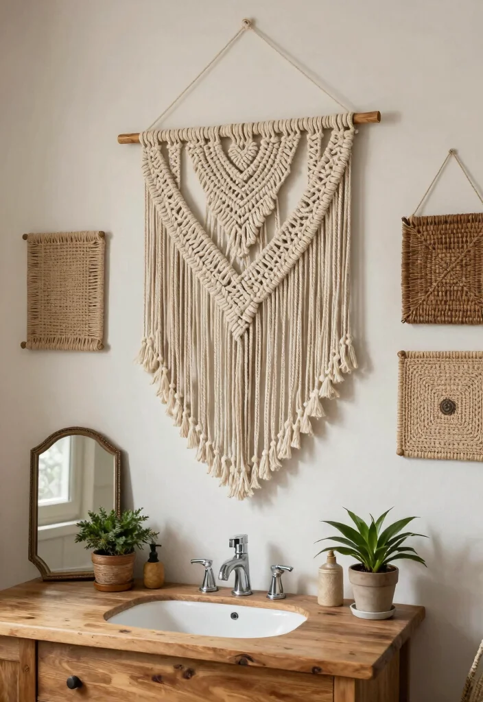 14 Boho Bathroom Decor Ideas with Texture and Warmth 1. Woven Wall Hangings 0