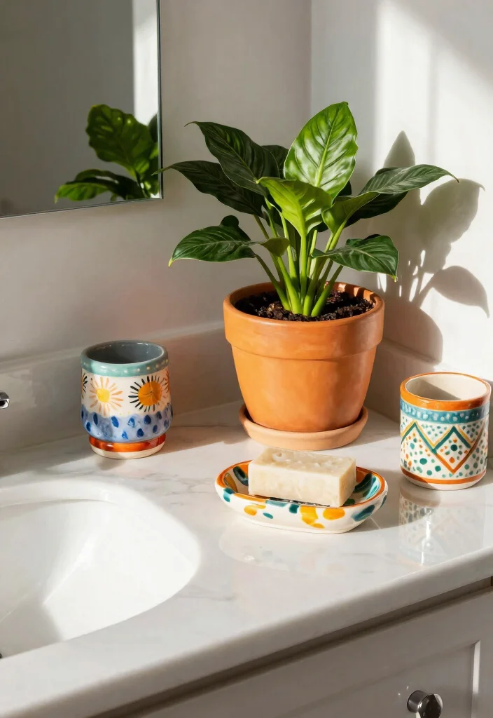 14 Boho Bathroom Decor Ideas with Texture and Warmth 11. Colorful Ceramics 0