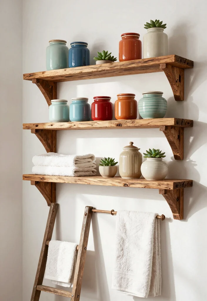 14 Boho Bathroom Decor Ideas with Texture and Warmth 2. Reclaimed Wood Shelves 0