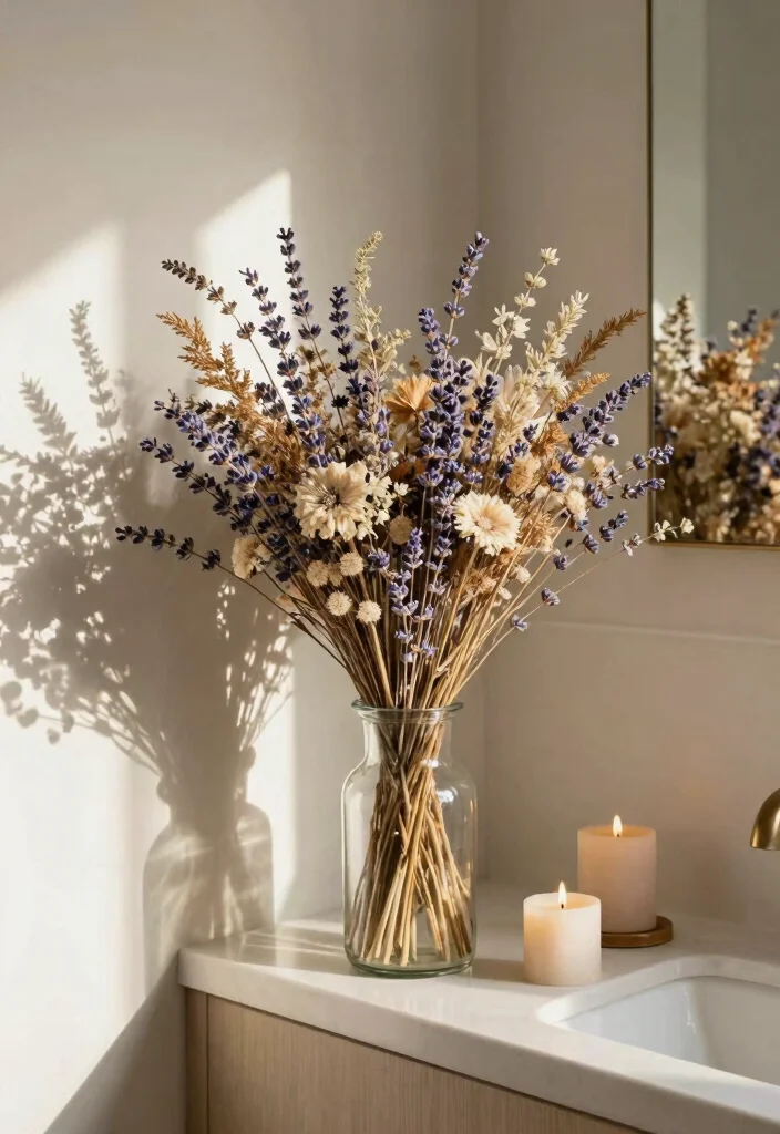 14 Boho Bathroom Decor Ideas with Texture and Warmth 6. Dried Flower Arrangements 0