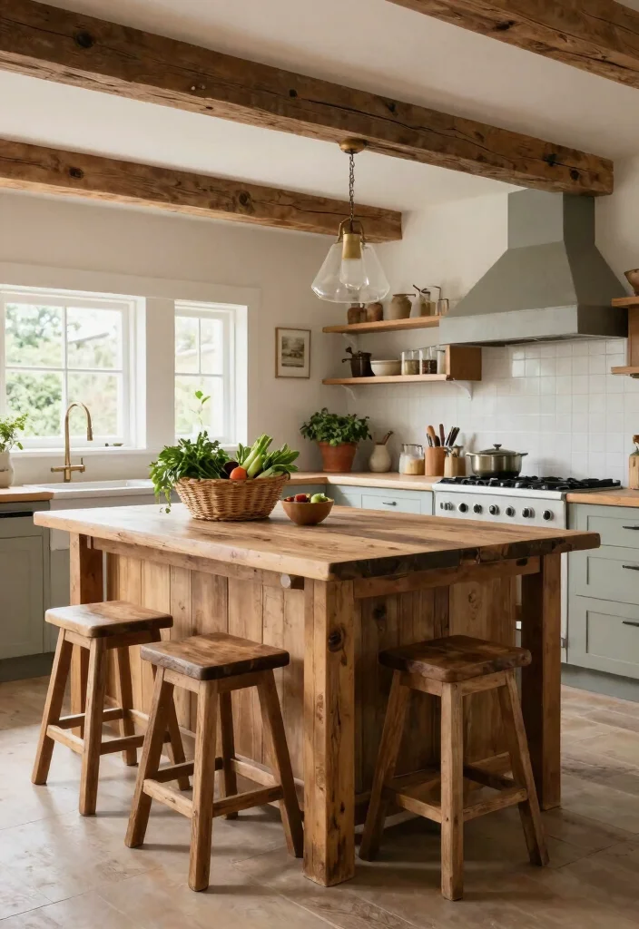 14 Farmhouse Kitchen Island Ideas with Rustic Charm 1. Reclaimed Wood Island with Stools 0