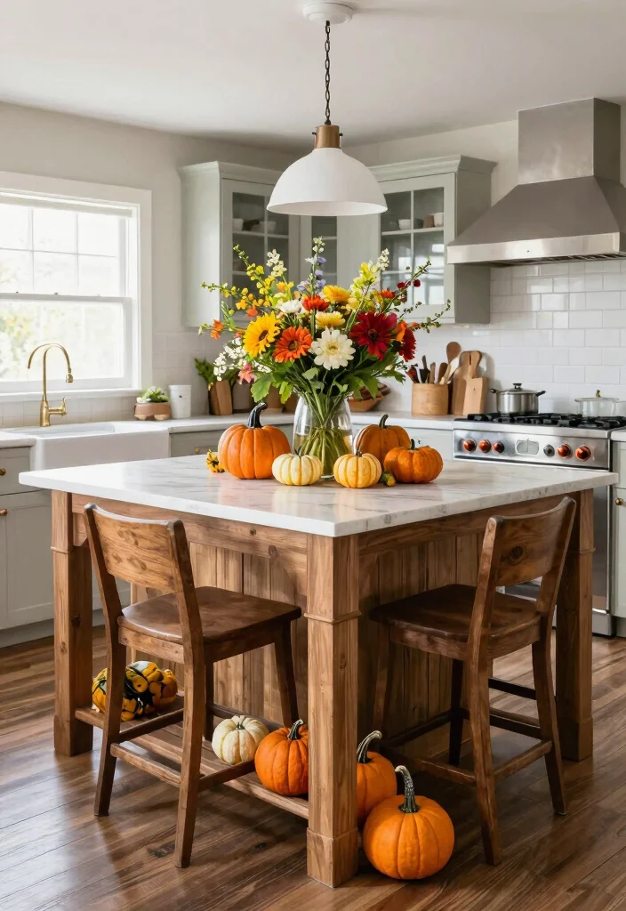 14 Farmhouse Kitchen Island Ideas with Rustic Charm 14. Seasonal Decor Island 0